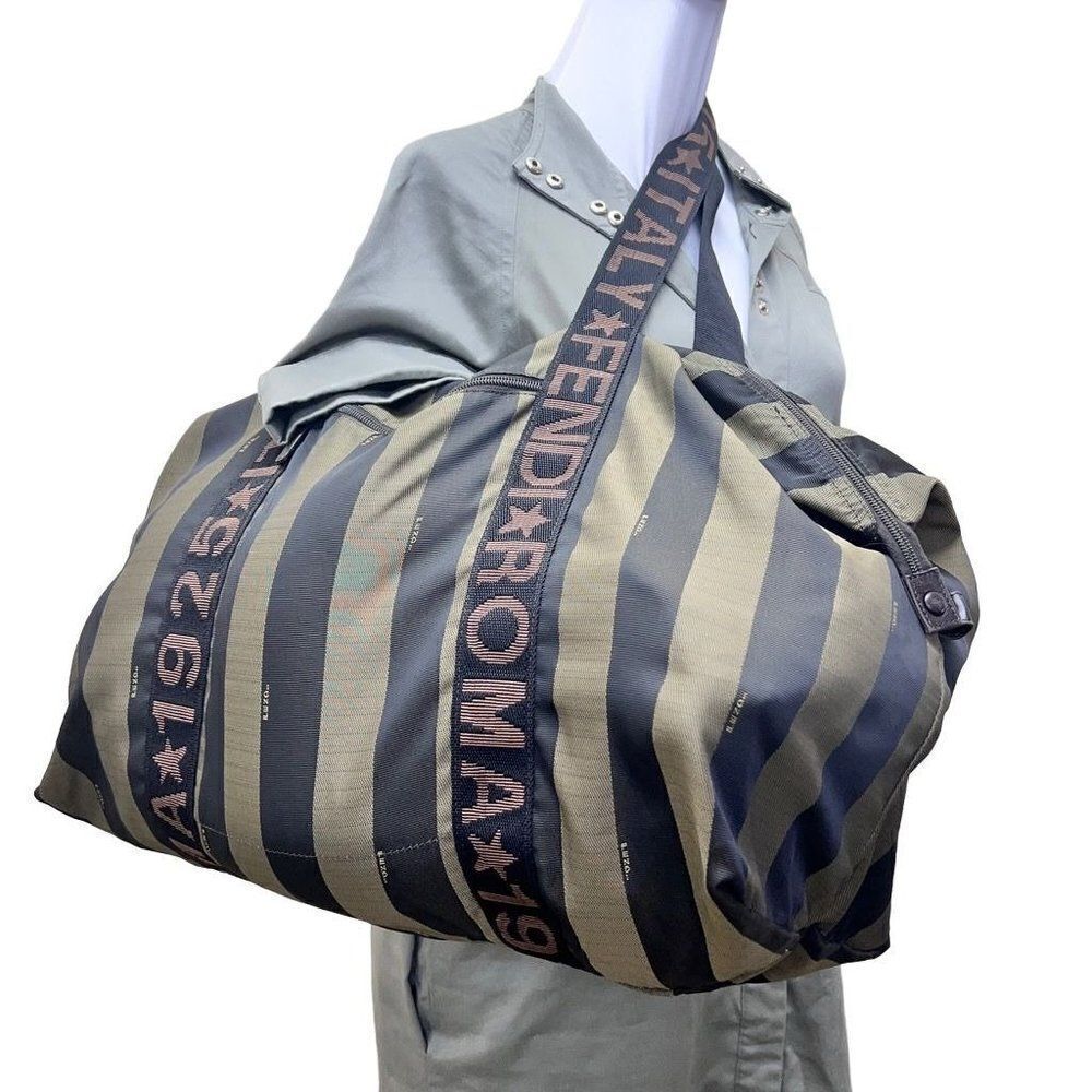 Auth Fendi Logo Weekender Overnight Pequin Stripe Bag Olive Canvas - Picture 2 of 16